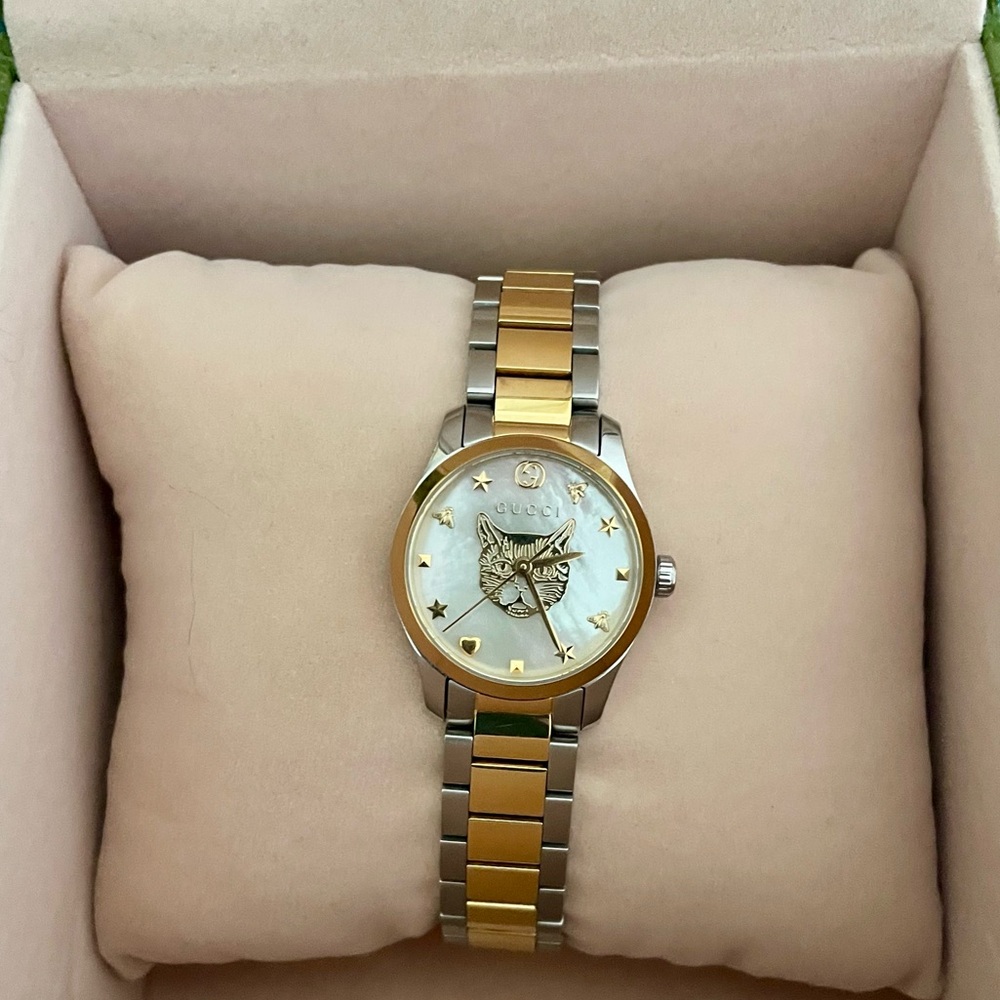 Gucci G Timeless Quartz Mother Pearl Two Tone Cat Feline Face Watch Women 27mm